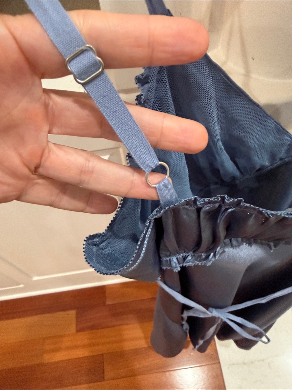 Vera Wang Blue Satin Slip Dress Small Ruffle Coquette Y2K Delicate Feminine - Picture 4 of 12